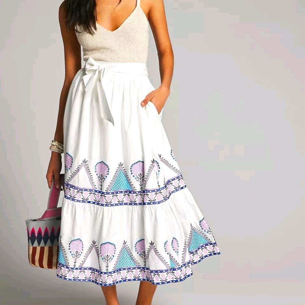 🌿Anthropologie Magda Embroidered Peacock Feather Tiered Skirt